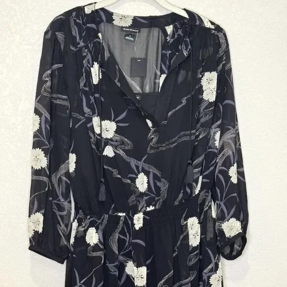Club Monaco Roanna Dress Womens 4 Black Floral Silk Long Sleeve Mini Boho Chic - Picture 5 of 14